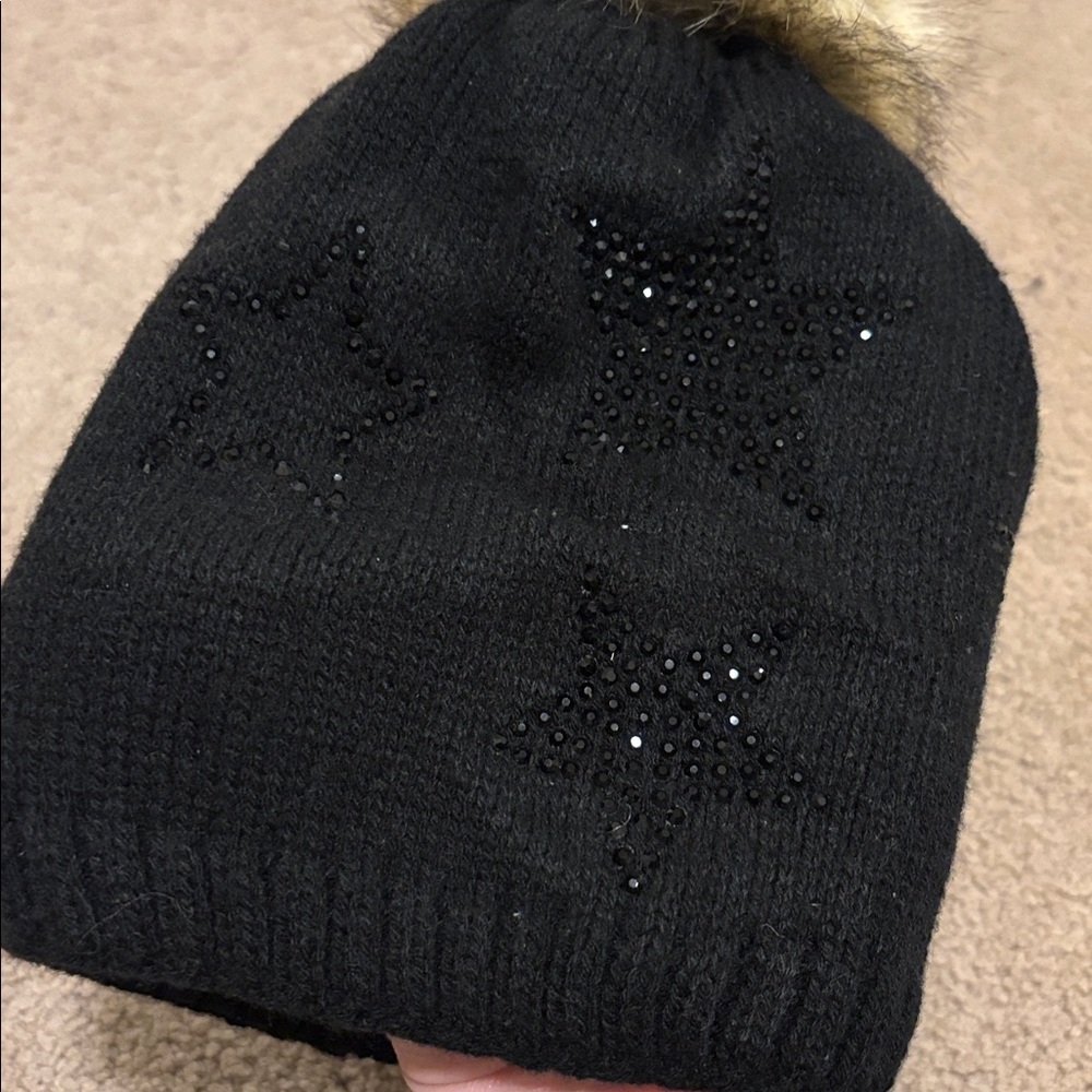 C.C Kids Black Star Beanie with Faux Fur Pom - Picture 3 of 4